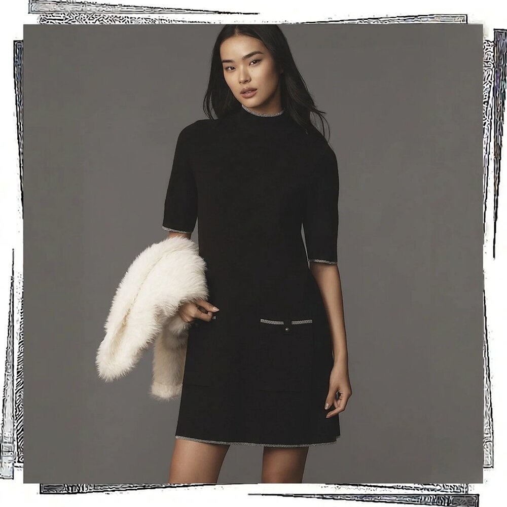 NWT:Soft "Annalise" Black & Silver Mod Mock Neck Mini Sweater Dress (SP) Maeve